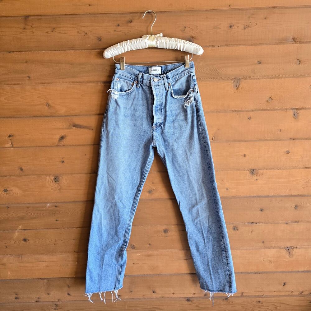 Agolde 90's Pinch Waist Jean Ruminate Light Blue 25 Y2K Raw Hem Distressed Boho - Picture 2 of 9